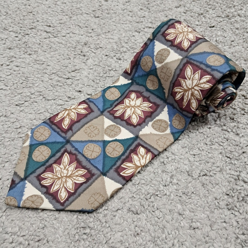 Surrey Mens Silk Necktie‎ Burgundy Teal Floral Geometric Pattern Made in USA